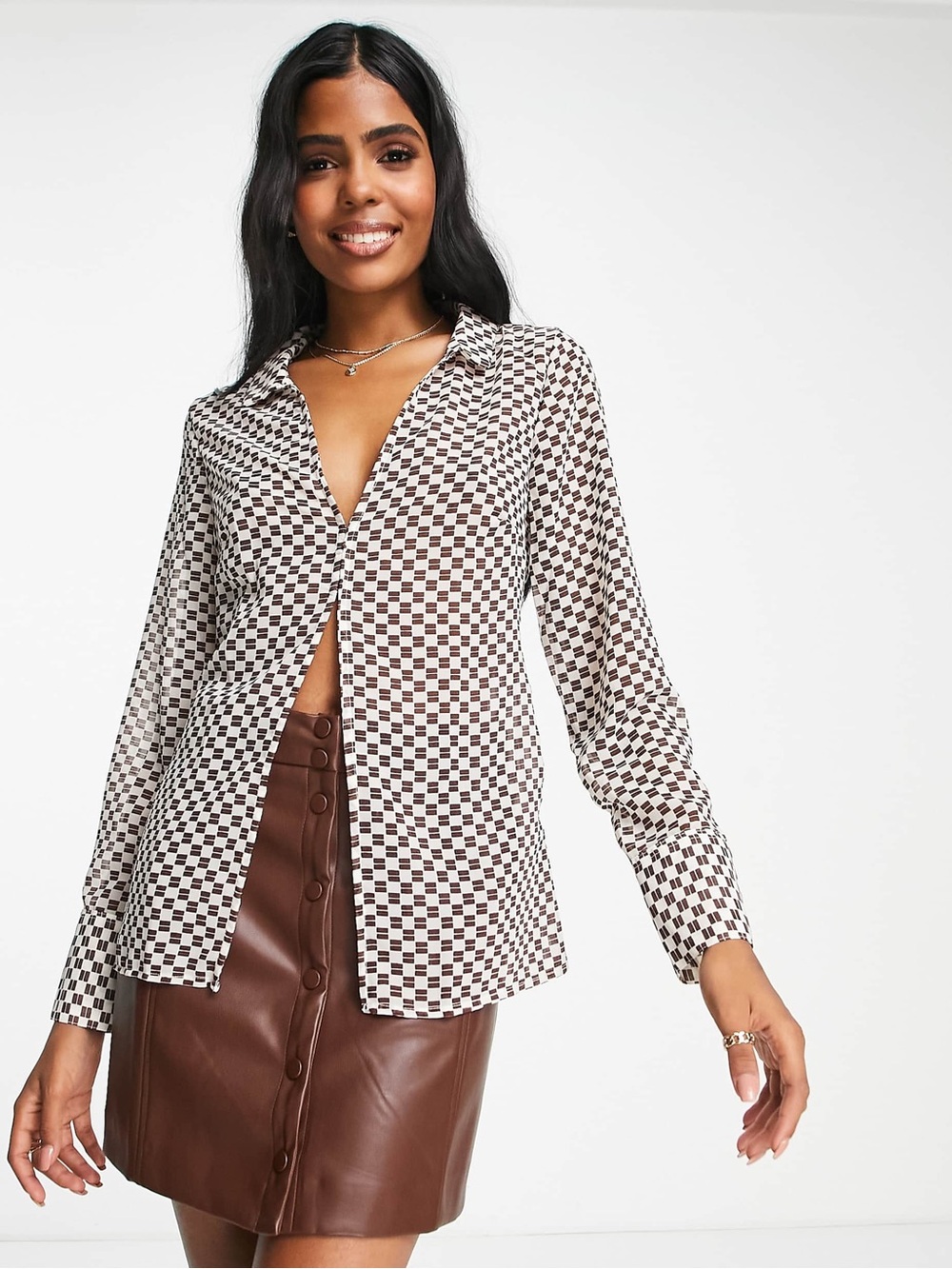 Abercrombie & Fitch Sheer Checkerboard Long Sleeve Top in Brown and Cream